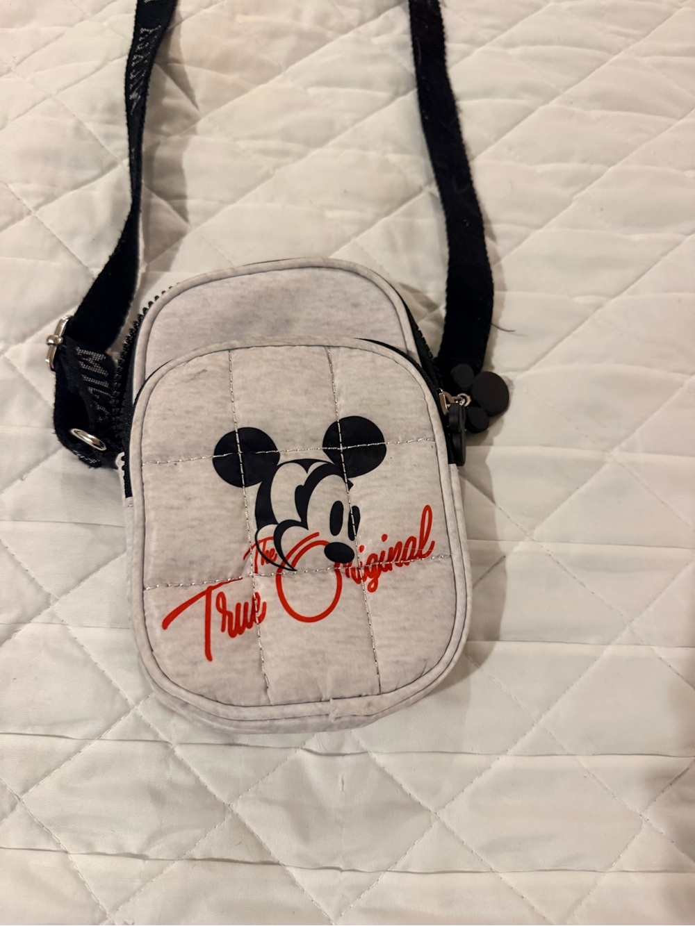 Disney Mini Crossbody Bag in Light Gray with Black and Red Mickey Graphic